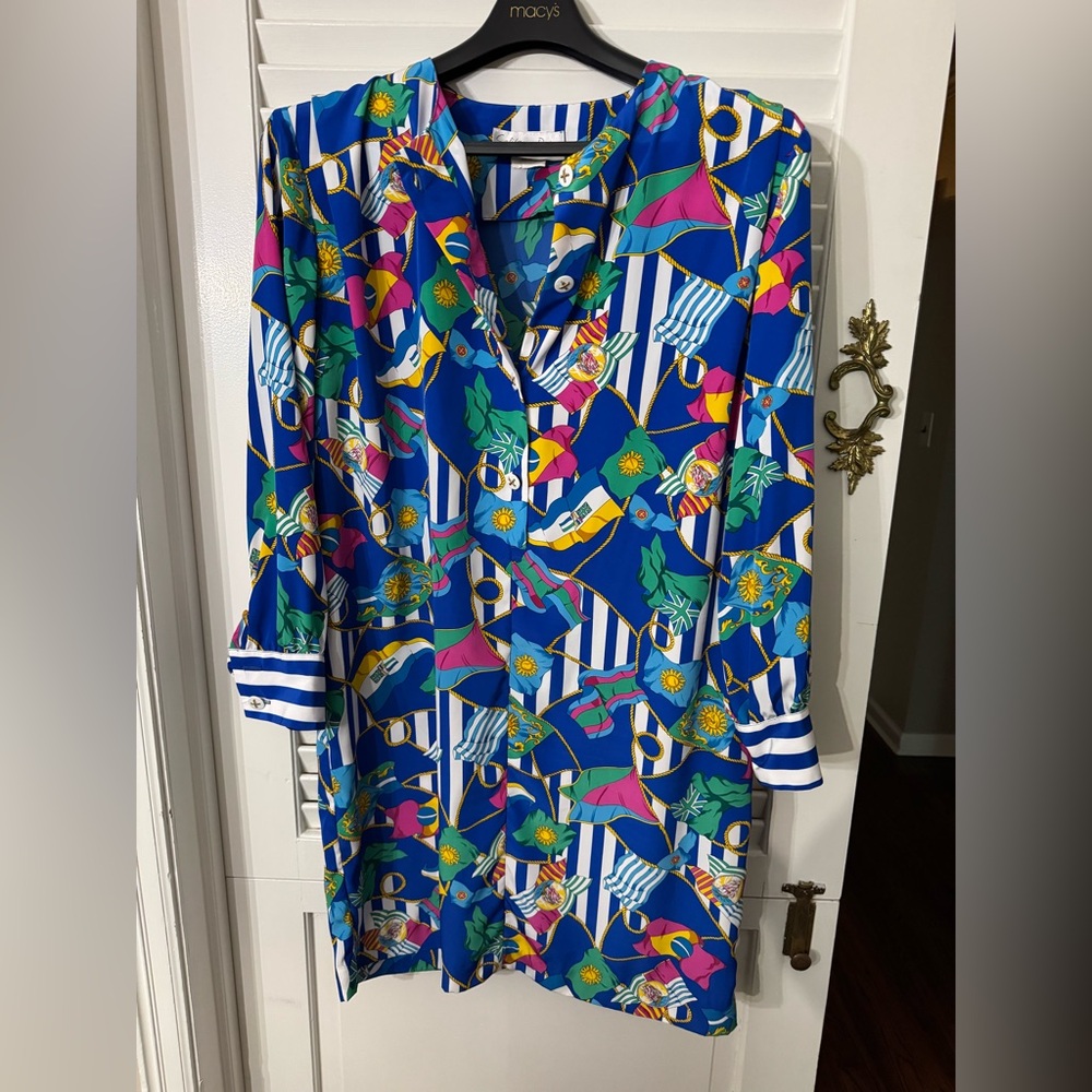 Vtg California Design Dorothy Samuel Nautical Print tunic Shirt Dress Size 16
